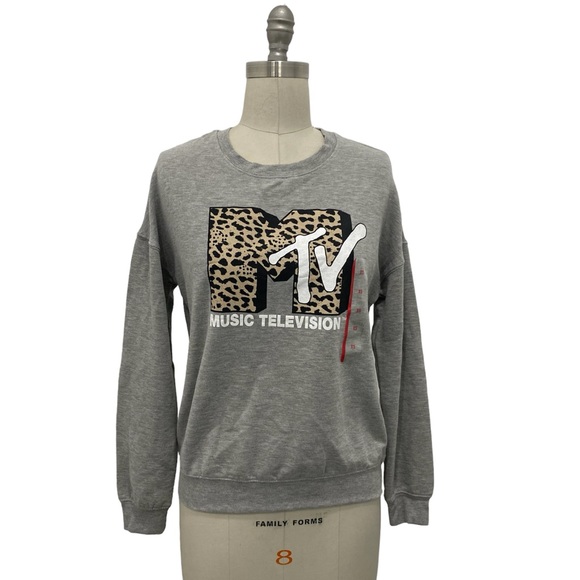 MTV Sweaters - Women’s Ribbed Sweatshirt MTV Cheetah Graphic Logo MTV Heather Gray Size XS